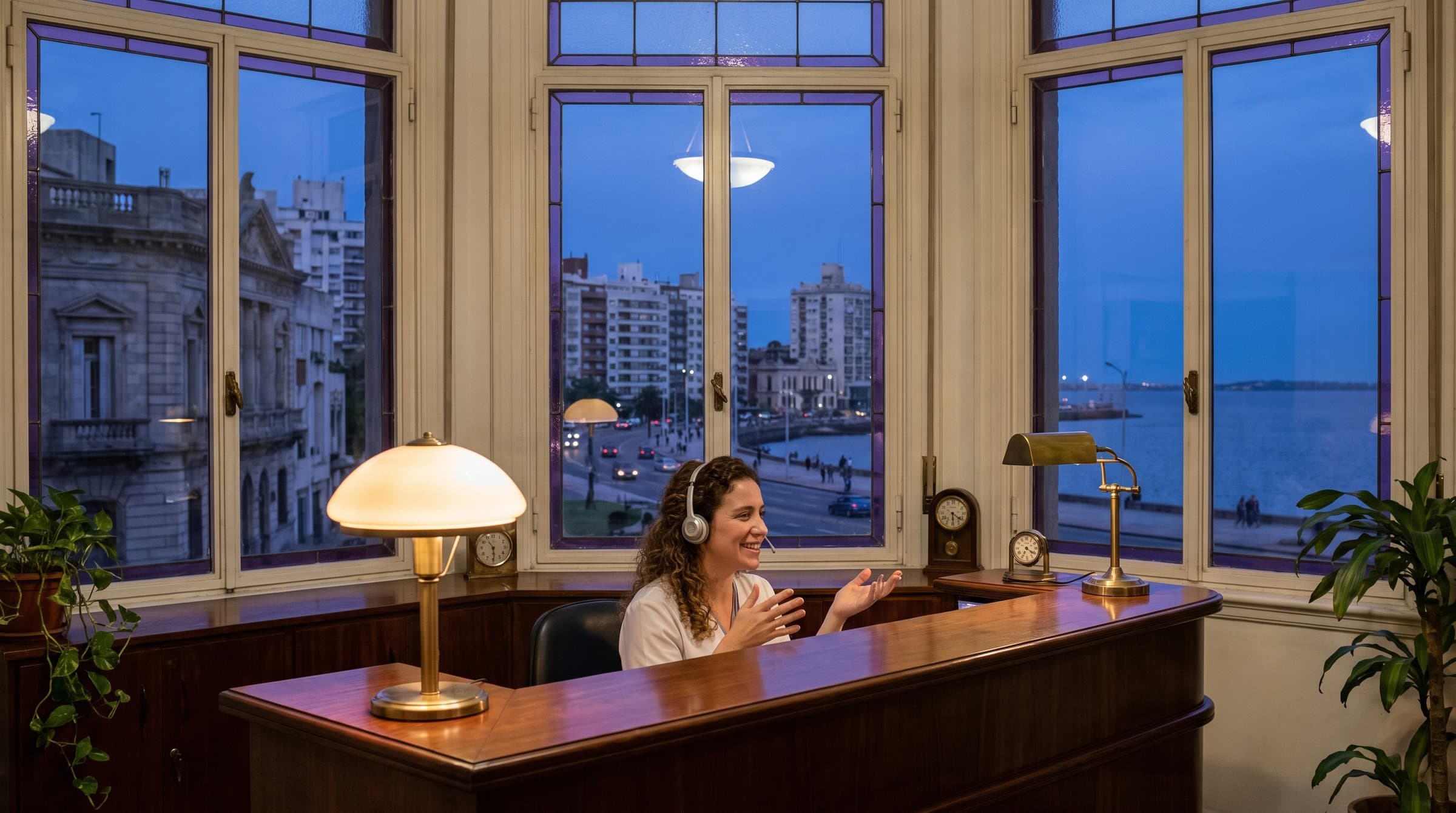 Recepcionista con vincha auricular atendiendo el teléfono en un consultorio de un edificio art déco de Montevideo, con la Rambla y el Río de la Plata a la hora azul