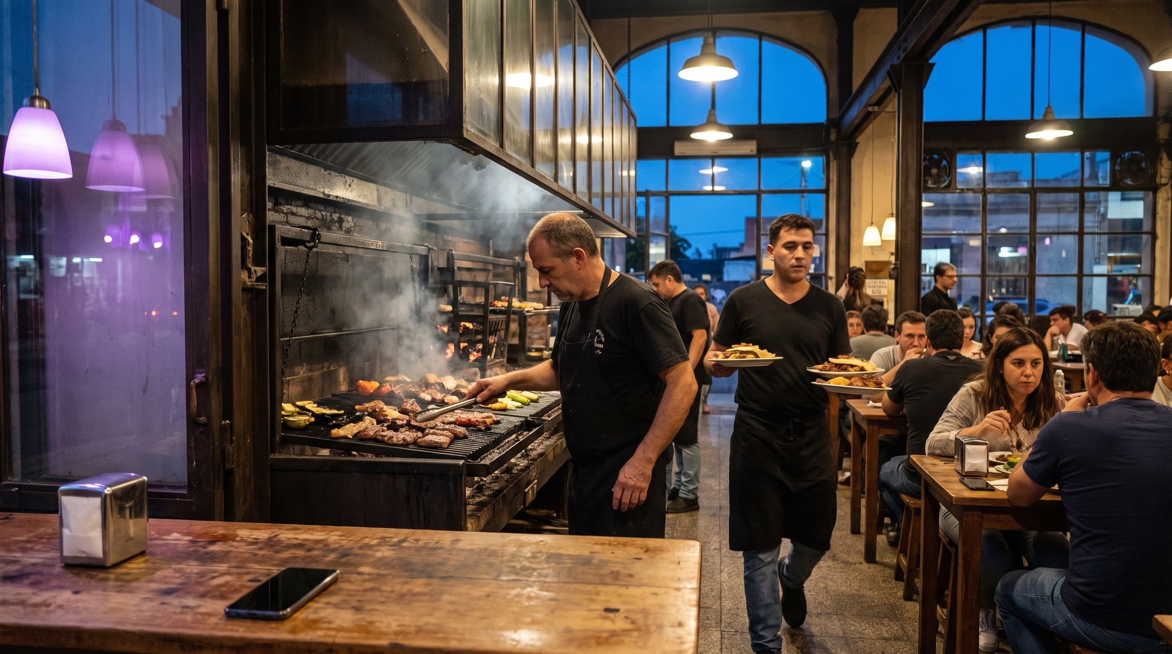 Asador en la parrilla a leña y un mozo llevando platos en el puerto de Montevideo