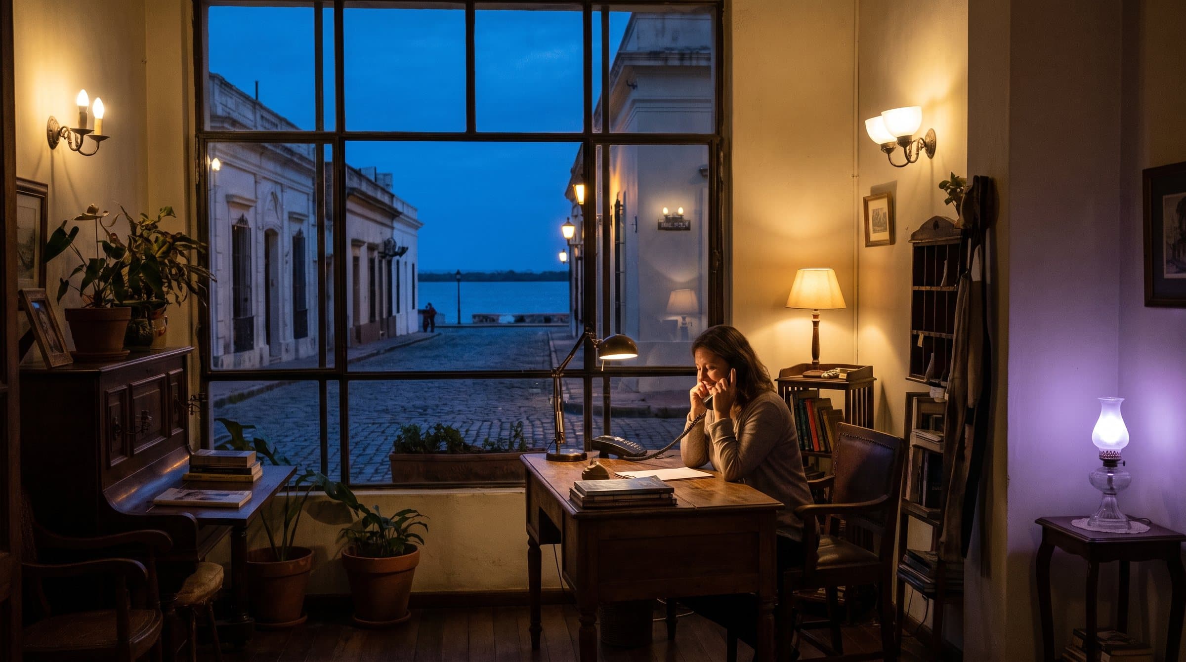 Recepcionista nocturno al teléfono en un hotel boutique de Colonia del Sacramento, con calles empedradas y el río a la hora azul
